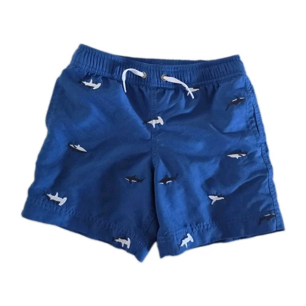 Hanna Andersson Blue Embroidered Sharks Swim Trunks Shorts Preppy Coastal Boys 5